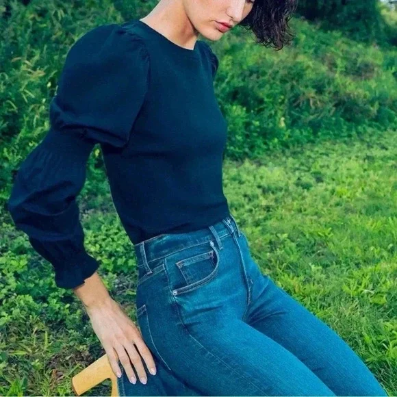 Veronica Beard Fawn Puff-Sleeve Top in Moss Green Crewneck NWOT Size Large